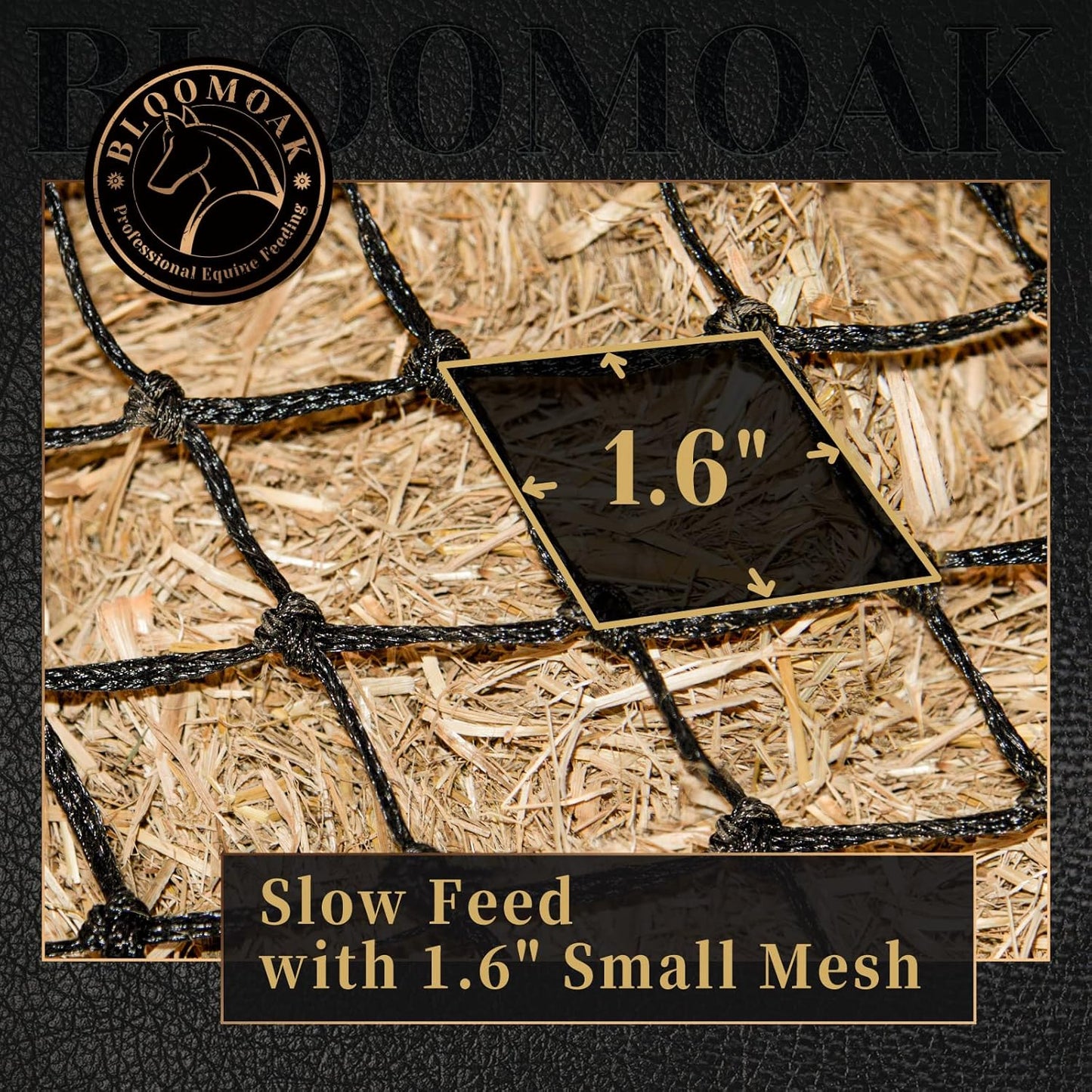 Bloomoak Slow Hay Net Feeder for Horses, Durable Soft Black PE 2/3 String Hay Bales Bags, Fit 36x18x18 to 47x25x17 Inches, Extends 50-64 Inches (3 1.6" Hole/1PC)
