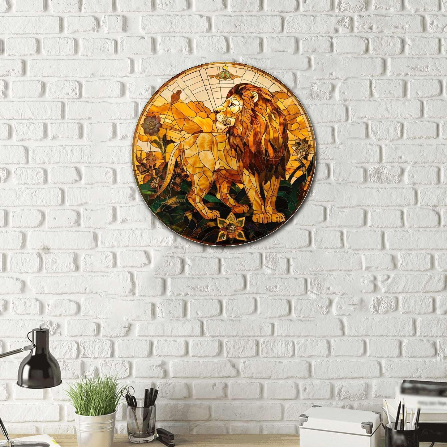 Lygond Metal Sign Tin Sign Circular Stained Glass Lion Greenhouse Decor For Pub 12×12 Inches