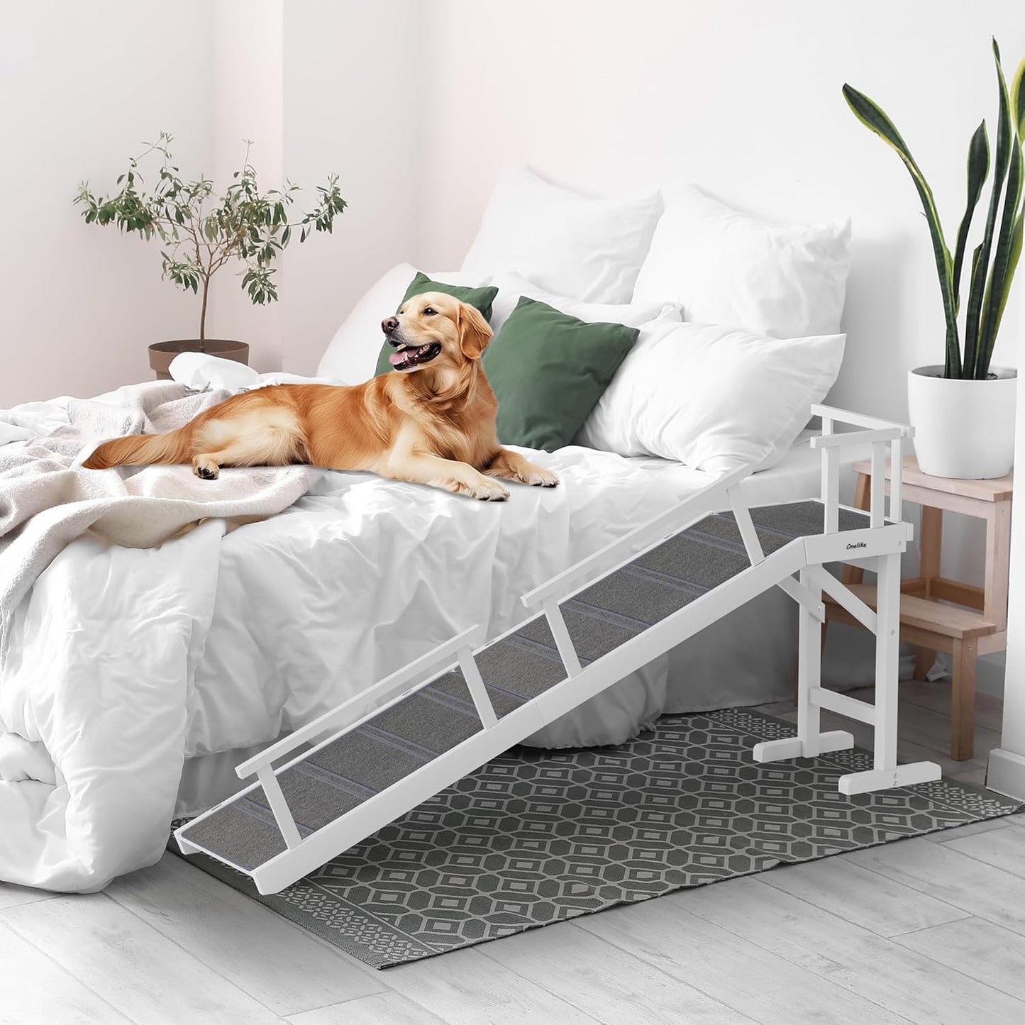 Onelike Wooden Dog Ramp for Bed with Removable Side Rail and Non-Slip Carpet, Stable Pet Ramp Stair for Couch Sofa for Small & Large & Senior Dogs, 74" Long Ramp White