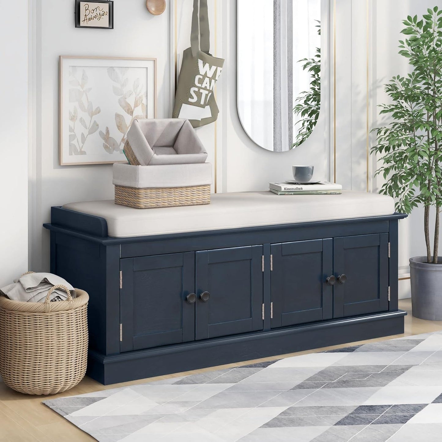 Storage Bench with 4 Doors and Adjustable Shelves, Shoe Bench with Removable Cushion for Living Room, Entryway 42.7" L x 16" W x 17.4" H (Antique Navy)
