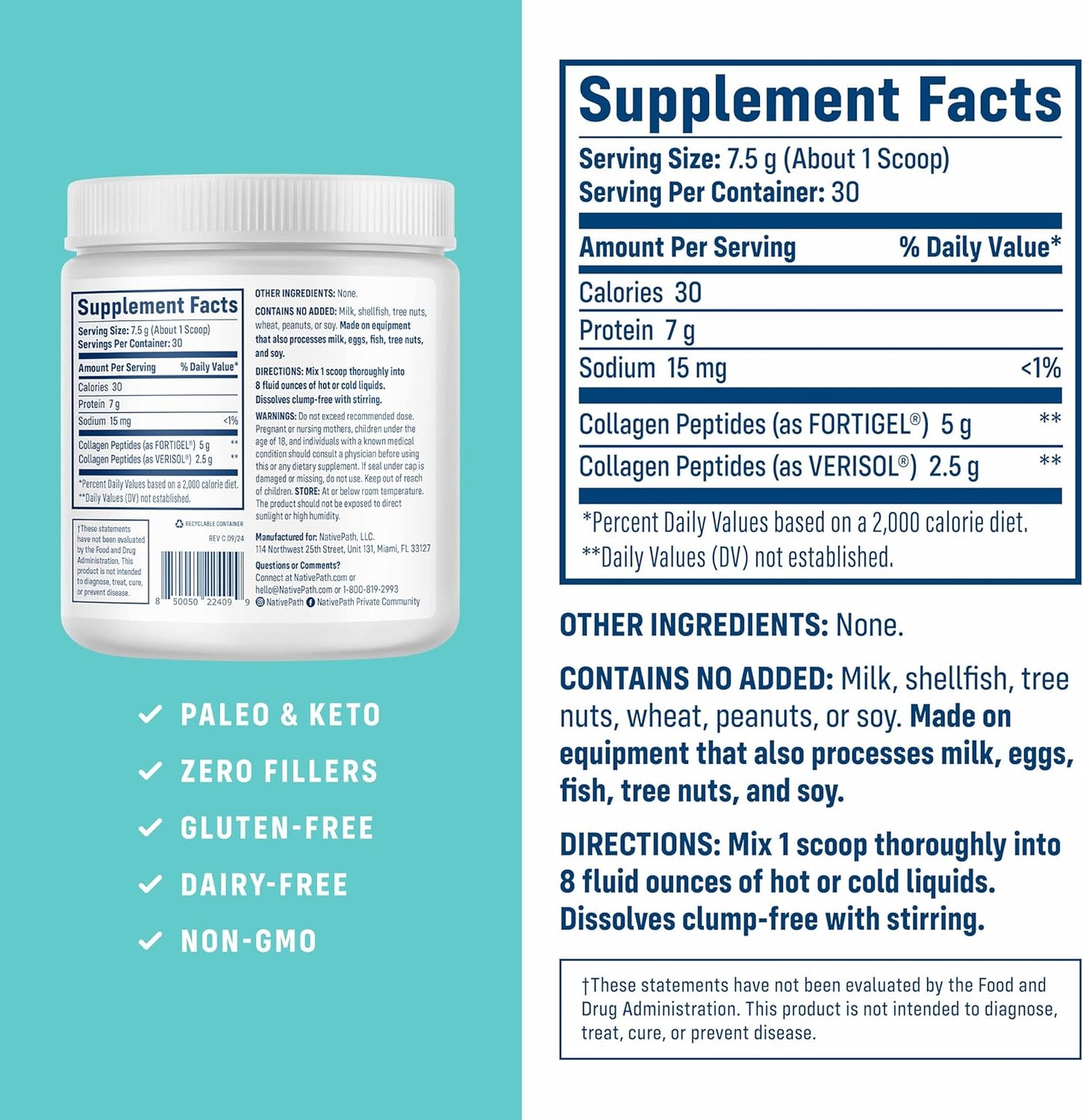 NativePath Joint Health Advanced Formula, Type 1 & 3 Peptides with Fortigel & Verisol, Grass-Fed Unflavored Collagen for Women & Men, 30 Servings