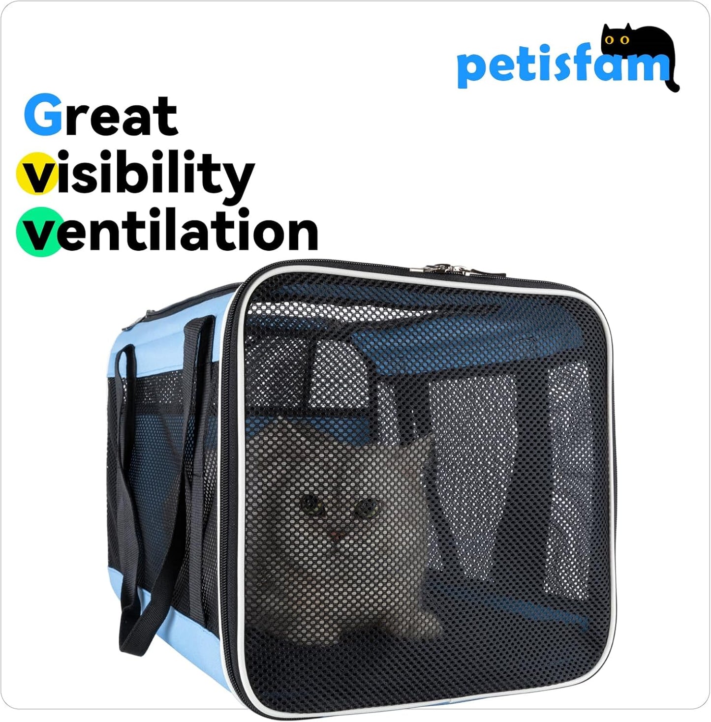 petisfam Soft Pet Carrier for Large and Medium Cats, 2 Kitties, Small Dogs. Easy to Get Cat in, Great for Cats That Don't Like Carriers (Blue)