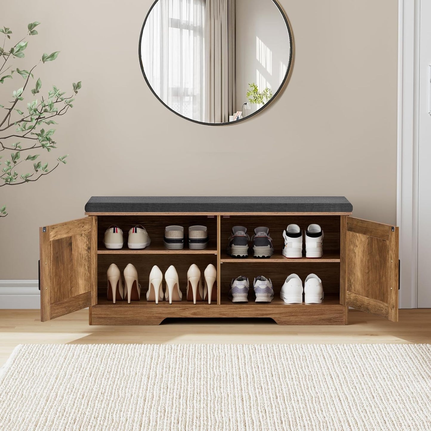 2-Tier Storage Bench, Shoe Bench with Padded Seat Cushion, Entryway Bench with 2 Barn Doors, Adjustable Shelf, 13.8" D x 39.4" W x 17.7" H, for Entryway, Living Room, Bedroom, Rustic Walnut