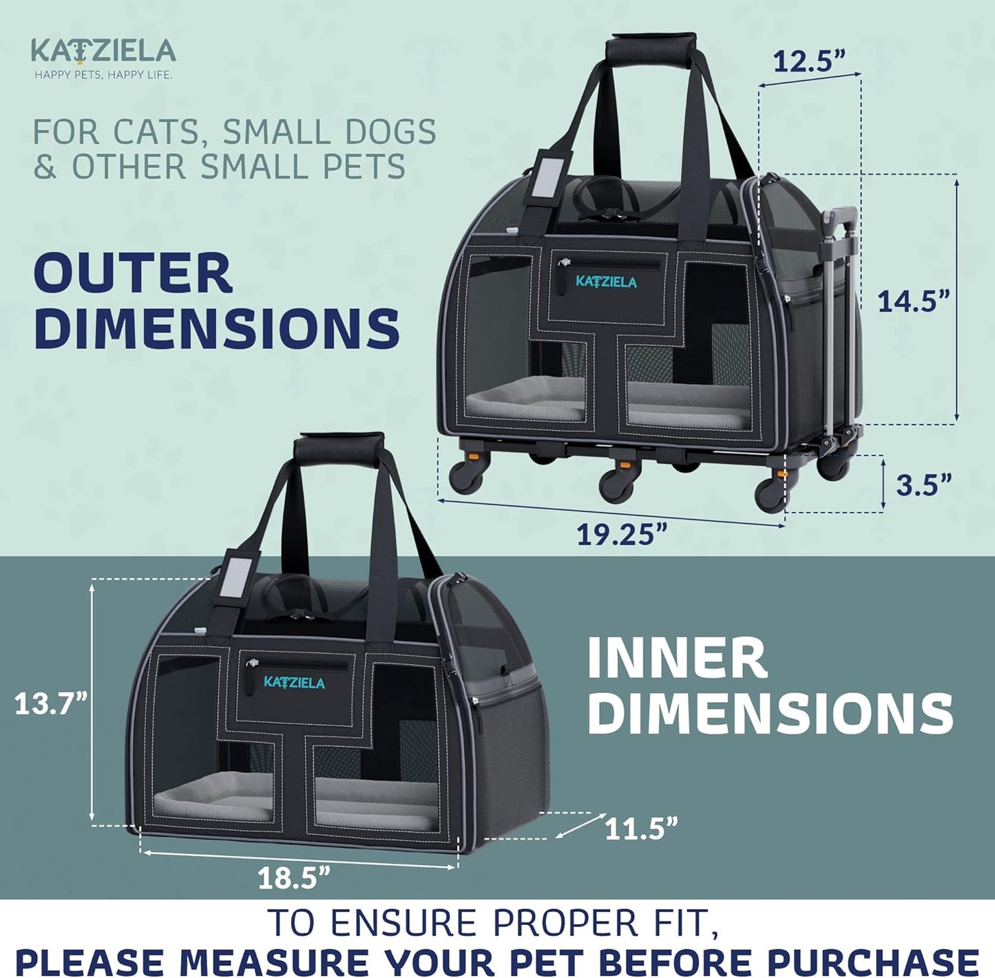 Katziela Rolling Pet Carrier Airline Approved - Pet Carrier with Wheels - Luxury Lorry - Deluxe TSA Approved Cat Carrier with 6 Wheels - Small Airline Approved Dog Carrier Trolley - Plane Carry On Bag