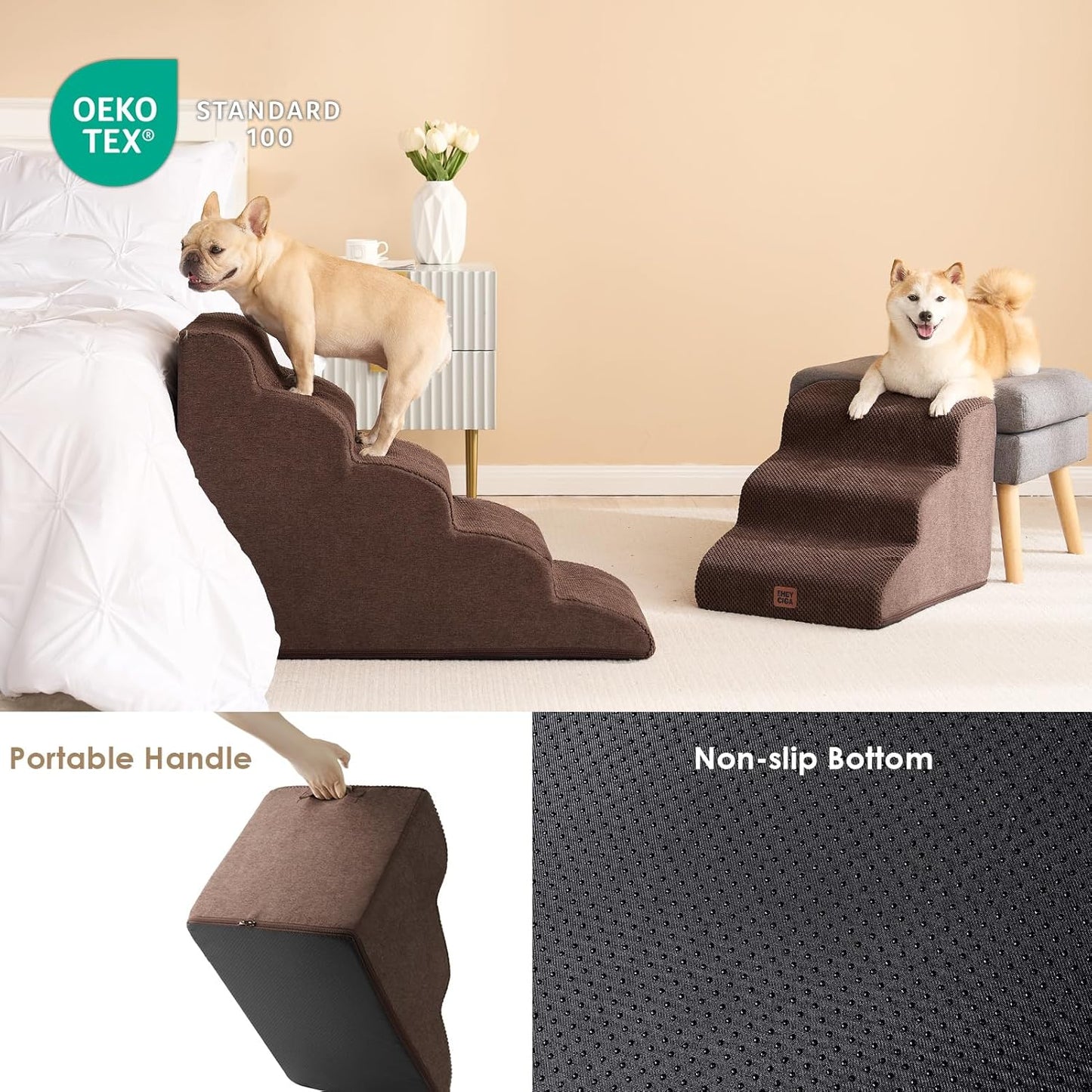 EHEYCIGA Curved Dog Stairs Ramp for High Beds 22.6" H, 5-Step Dog Steps for Small Dogs and Cats, Pet Stairs for High Bed Climbing, Non-Slip Balanced Pet Step Indoor, Brown