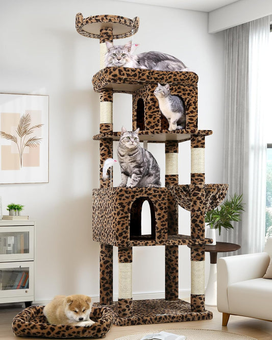 Globlazer Heavy Duty Cat Trees for Large Cats, Sturdy 72in Maine Coon Cat Tree for Large Cat 20 lbs+ Heavy Duty Cat Tower for Adult Biggest Cats with 6 Scratching Posts, Hammock, S72, Leopard Print