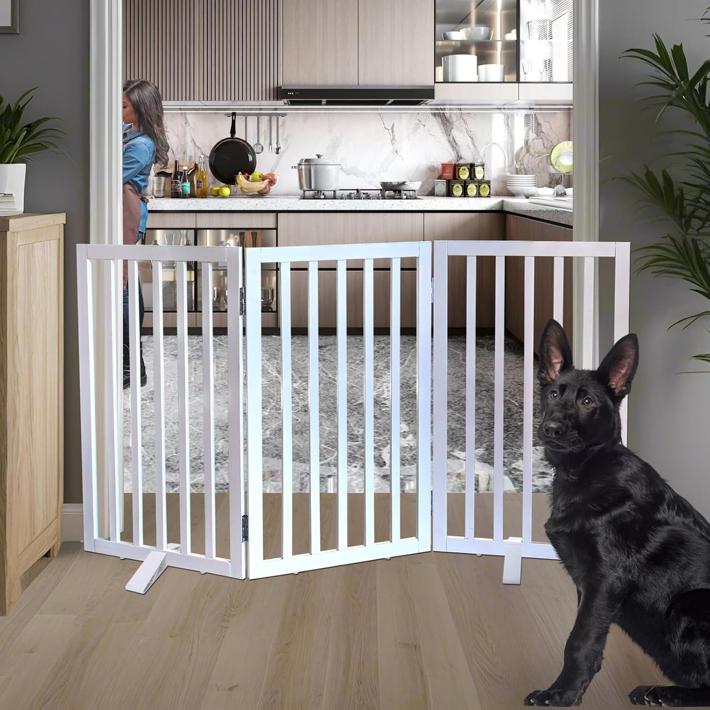 ZJSF Freestanding Indoor Dog Gate for House Foldable Wood White Puppy Gate for Doorways Pet Gate for Stairs Extra Wide Pet Fence 32" Height 3 Panels