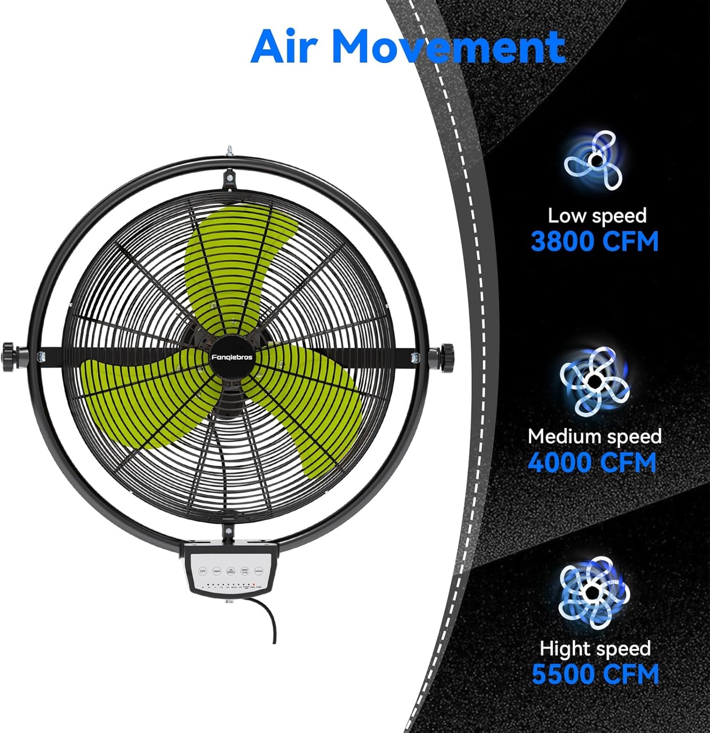 20 IN 5500 CFM Remote Control Wall Mount Fan, 3 Speed High Velocity Wall Fan with Timer, Oscillation & Tilting, Air Circulator for Garage, Commercial, Greenhouse, Warehouse & Gazebo Use, UL Listed