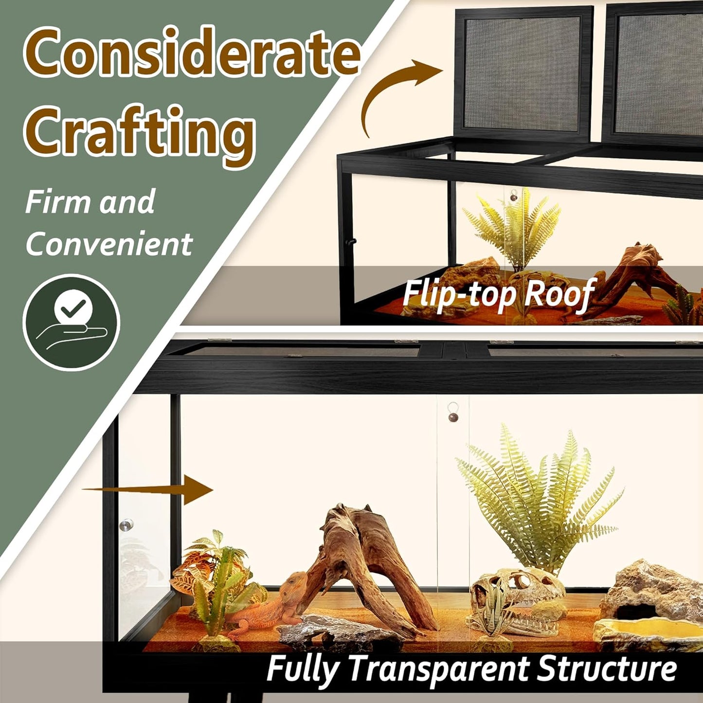 PROLEE Tempered Glass Reptile Enclosure with Leg,48“ Scratch-Proof Bearded Dragon Tank,79 Gallon Lizard Tank with Metal Mesh Tops and Lockable Door,Spacious Reptile Habitat for Snake,Lizard (Black)