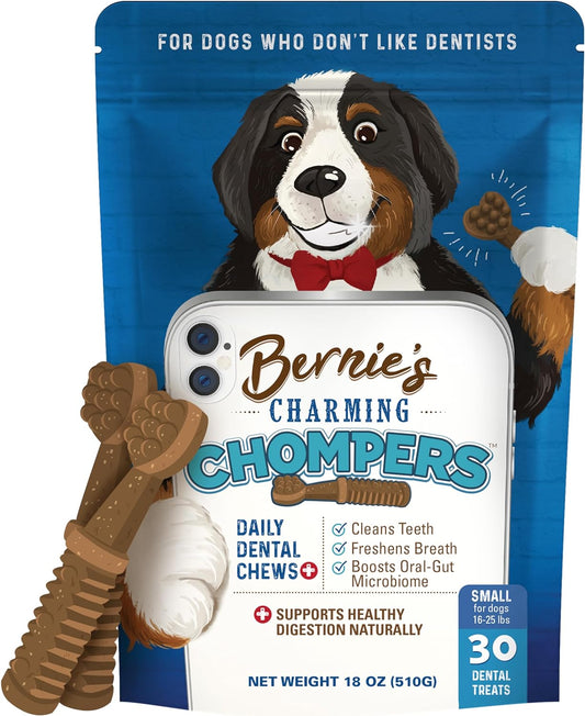 Bernie's Charming Chompers - Daily Dental Chews for Dogs 15-25 Lbs. - 30 Count - Cleans Teeth, Freshens Breath, + Boosts Oral-Gut Microbiome. Easy to Digest, Supports Healthy Digestion Naturally