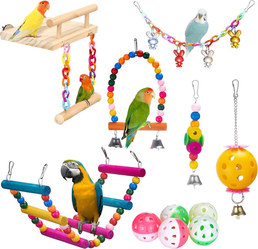 11Pcs Bird Parakeet Toys Wooden Bird Platform Stands Swing Hanging Chewing Toy Parrot Climbing Ladder Colorful Bird Cage Toys for Parakeet, Conure, Cockatiel, Love Birds, Finches