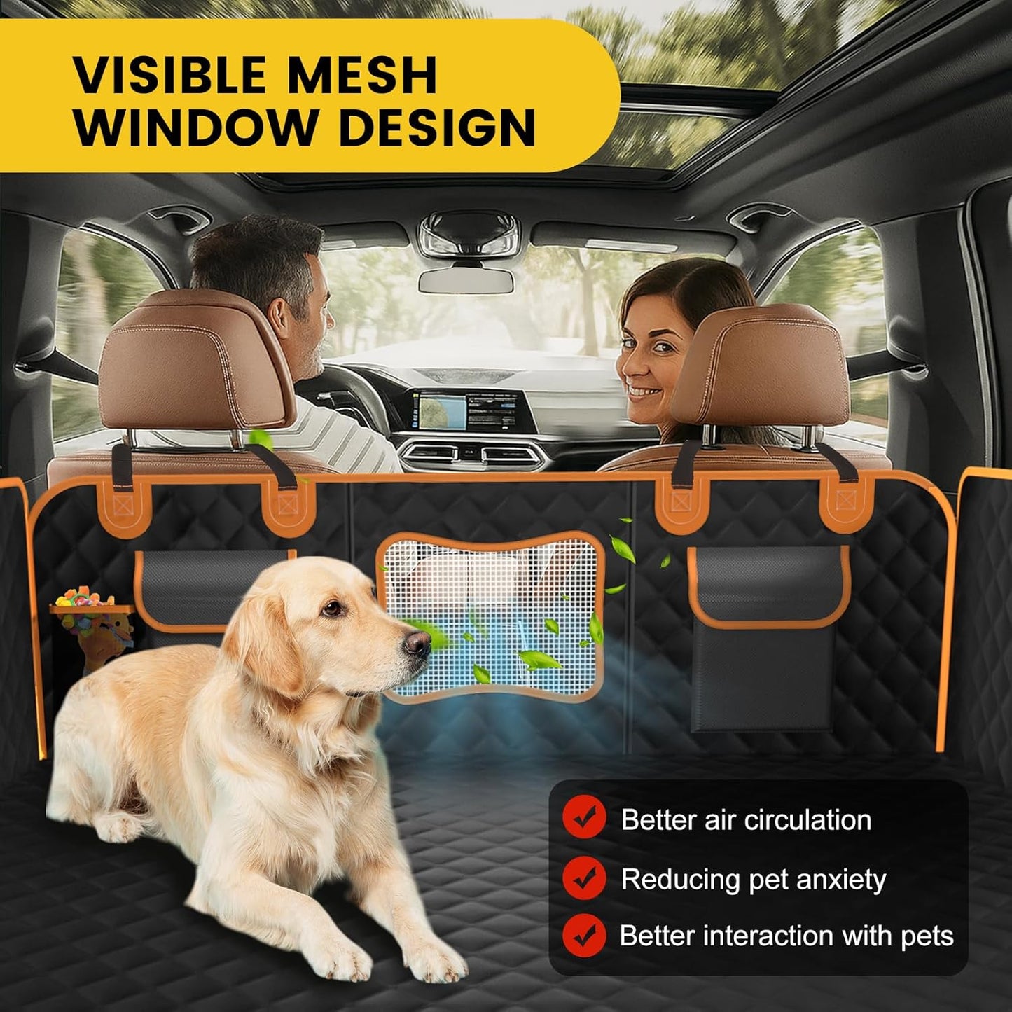 Back Seat Extender for Dogs - Holds 450lbs, Waterproof Dog Car Seat Cover for Back Seat with Hard Bottom for Cars SUVs Truck,Anti-Scratch No Slip Large Space Pet Backseat Protector,Black Orange