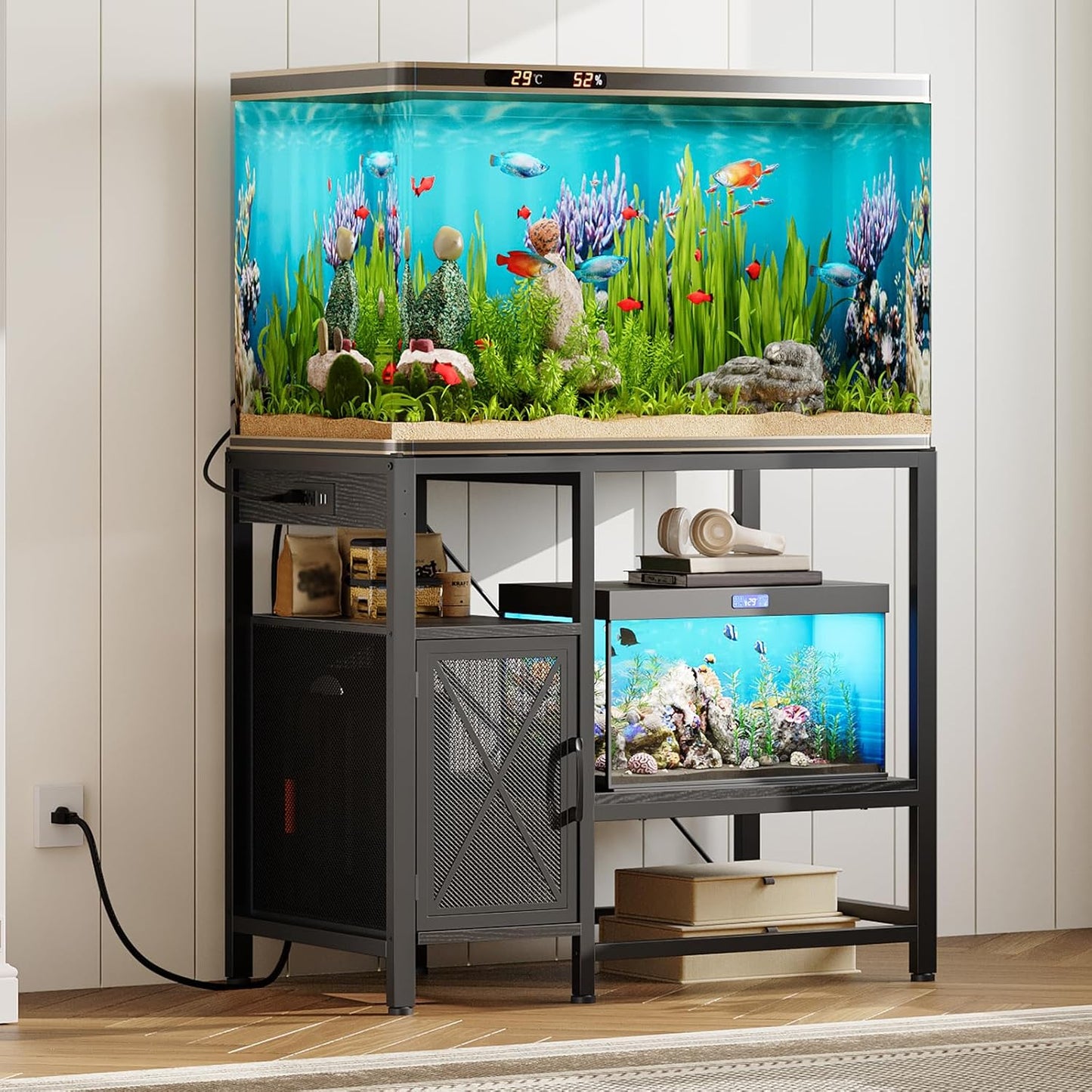 40-50 Gallon Fish Tank Stand, Aquarium Stand with Power Outlet and Storage Cabinet, Heavy Duty Tank Stand Suitable for Turtle Tank, Reptile Terrarium, for Home Office, Black FTBK50E01