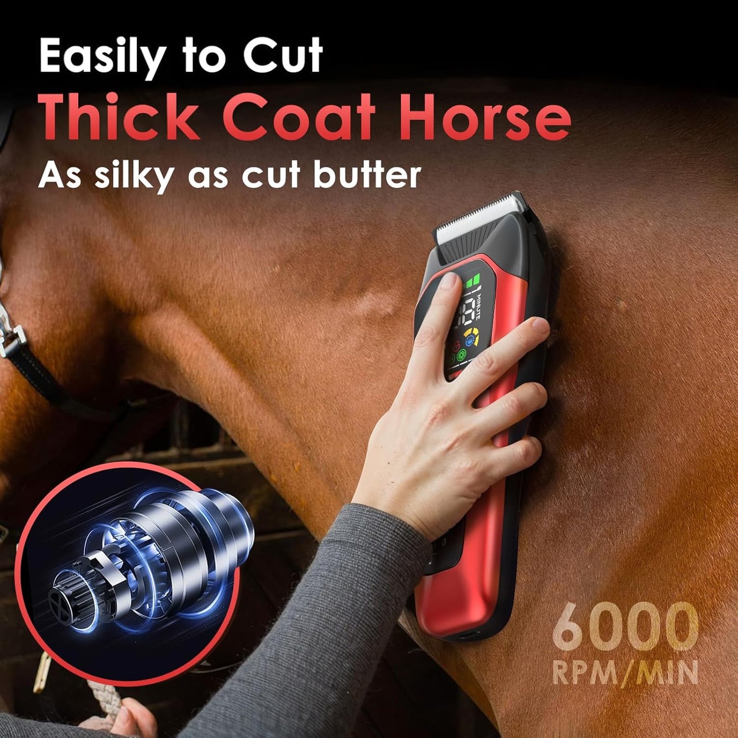 Horse Clippers,Quiet 2-Speed Horse Grooming Clippers,Rechargeable Pet Shaver with Scissors for Matted Long Hair,Cordless Wide-Blade Powerful Horse Trimmer Kit for Thick Coat #066 Red