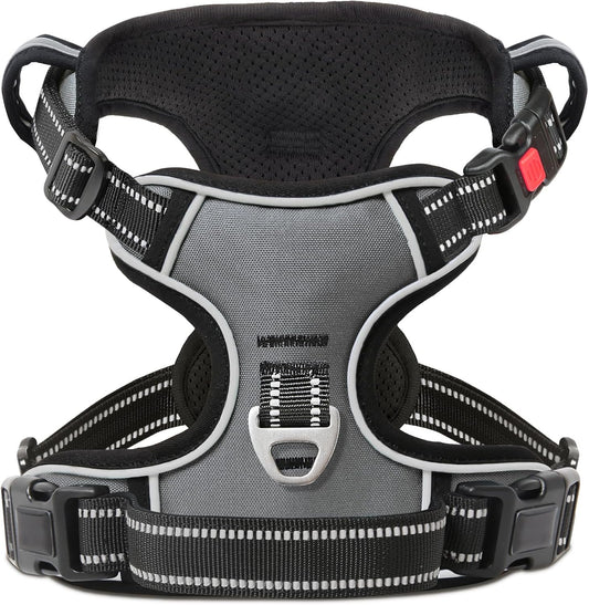 Timos Dog Harness Medium Sized, No Pull with Neck Lockable Snap,No Choke Front Clip Dog Reflective Harness,Adjustable Metal Rings 3 Buckles,Easy Control Handle for Medium Dogs Gray M