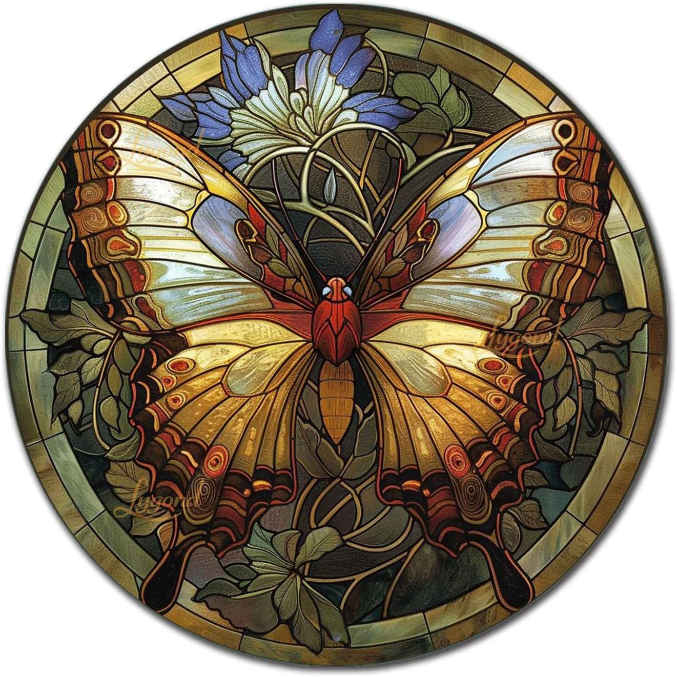Lygond Metal Sign Tin Sign Circular Stained Glass Butterfly Tin Sign Gift for Garage 12×12 Inches