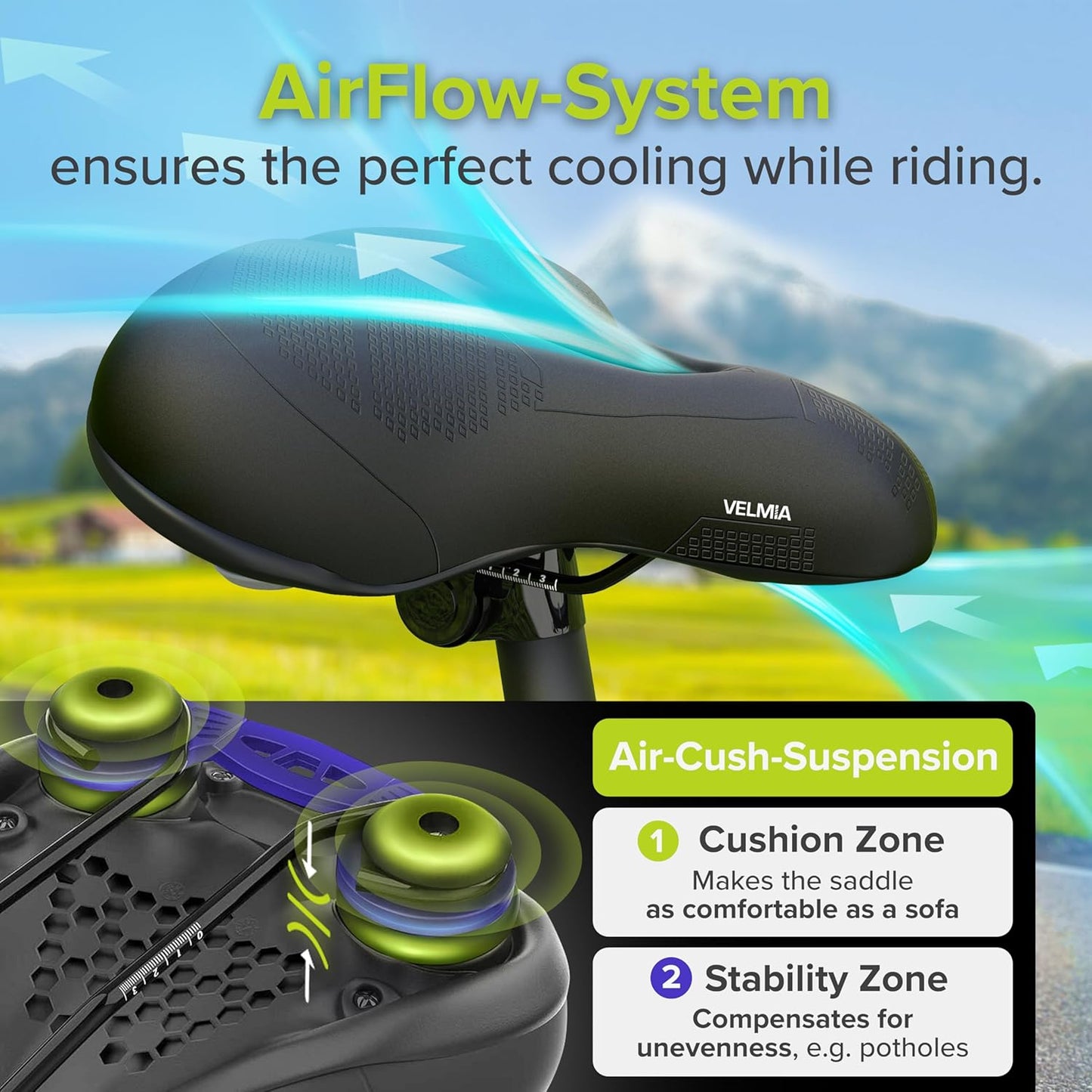 Velmia Bicycle Saddle - Comfortable Saddle for Men and Women - 3 Zone Concept - Waterproof Bicycle Seat with Ergonomic Design