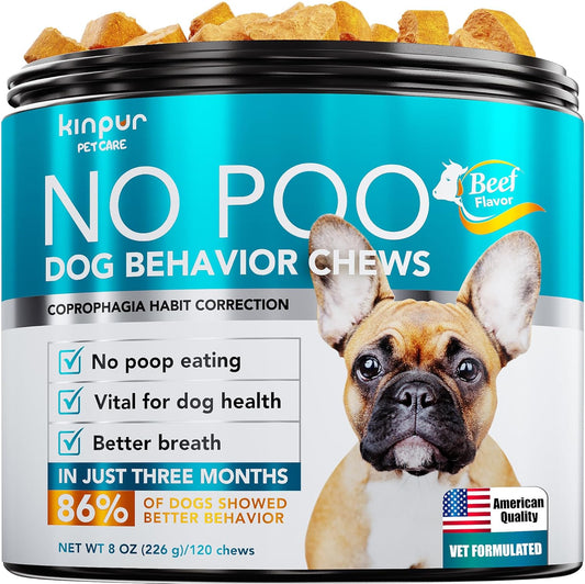 Kinpur Pet Care No Poo Behavior Chews - Help Beat The Habit with Natural Pumpkin, Broccoli, Chamomile, Chicken Liver & More - Forbids Poop Eating - Coprophagia Stool Eating Deterrent Beef Treats