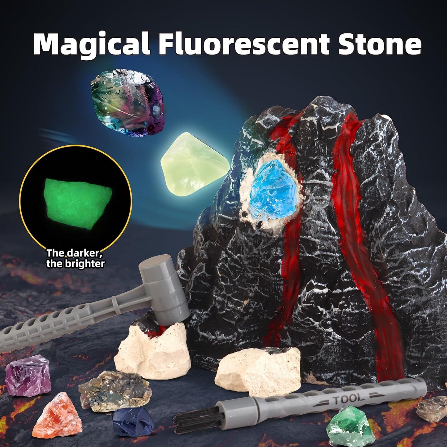 Volcano Dig Kit - 10 Rocks Excavation Kit, Gemstone Rocks for Kids, Fossil Volcano Toys Dig Kits for Rocks Collection, Volcano Toys for Boys Girls 6 and up Year Old Birthday Gifts