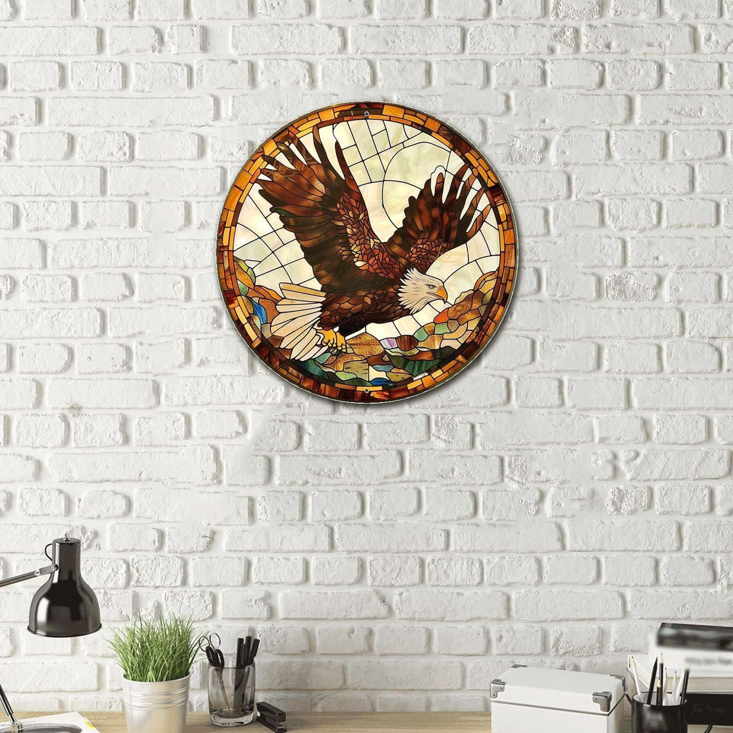 Lygond Metal Sign Tin Sign Circular Stained Glass Eagle Metal Garden Signs for Pet 8×8 Inches