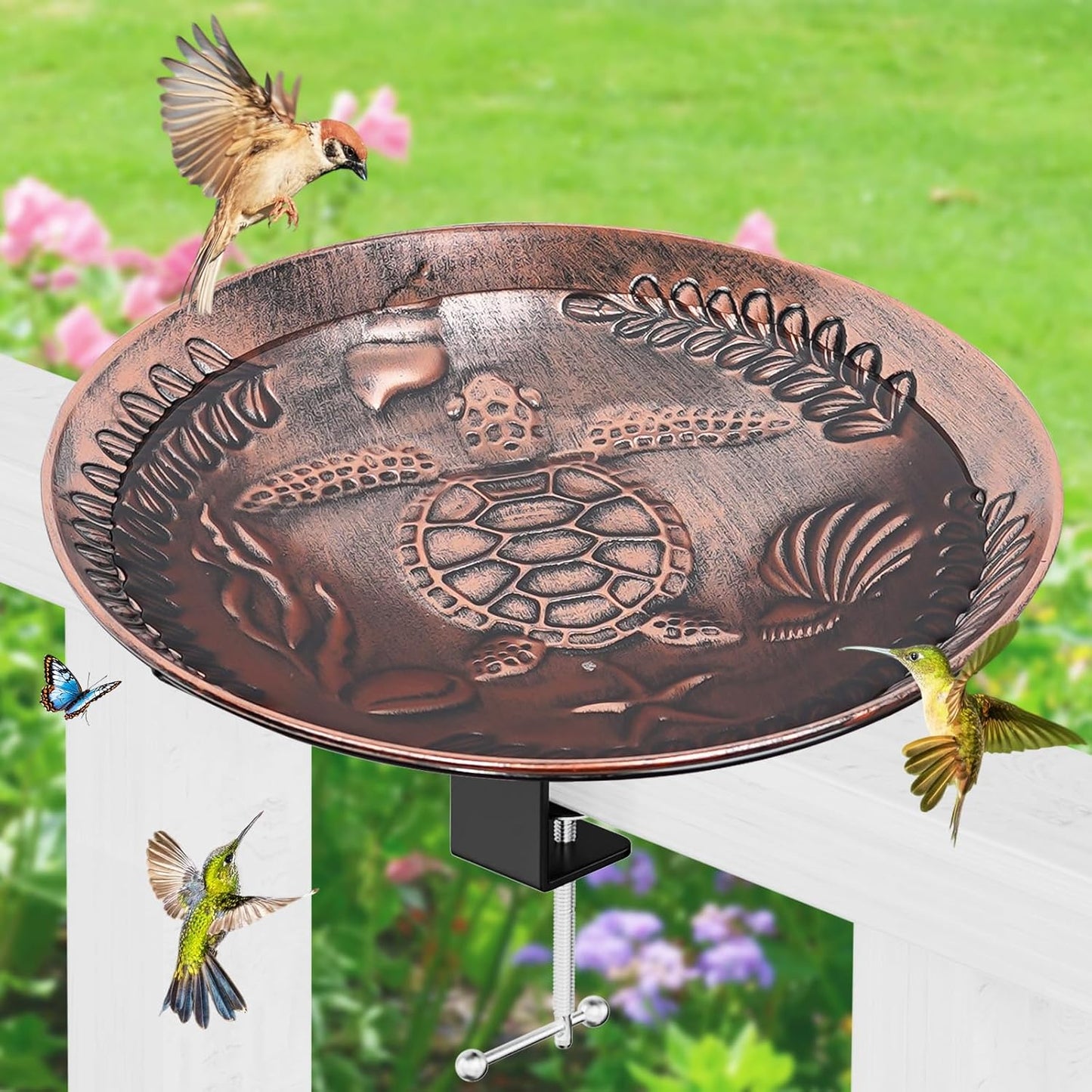 Deck Mounted Bird Bath for Outside, Detachable Birdbath Bowl with Sturdy Clamp, Outdoor Bird Baths Bowl for Attracting Birds Garden Yard Decor (Vintage Copper Turtle)