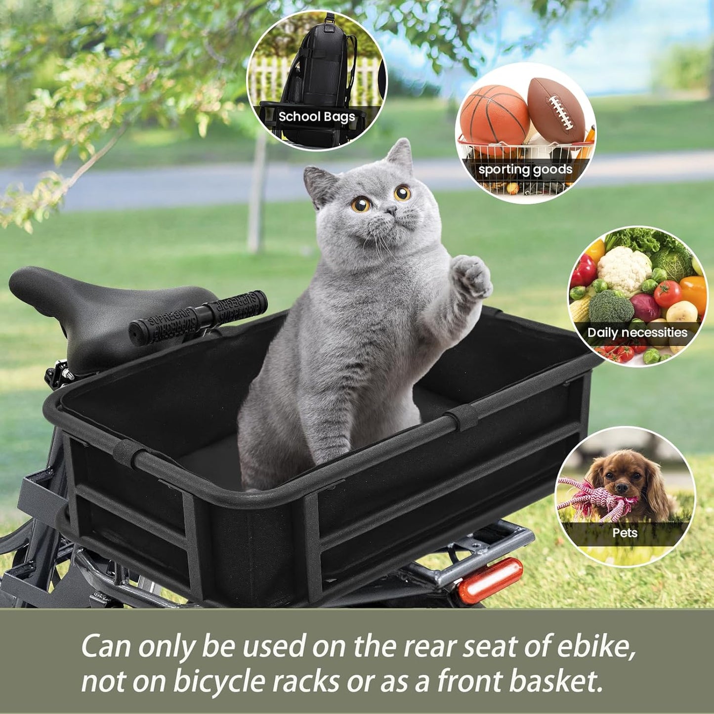 AWQM Large Ebike Basket, Waterproof Metal Electric Bicycle Basket, Quick Assemble Bike Accessories Rear Cargo Rack for Picnic, Pet, Sports