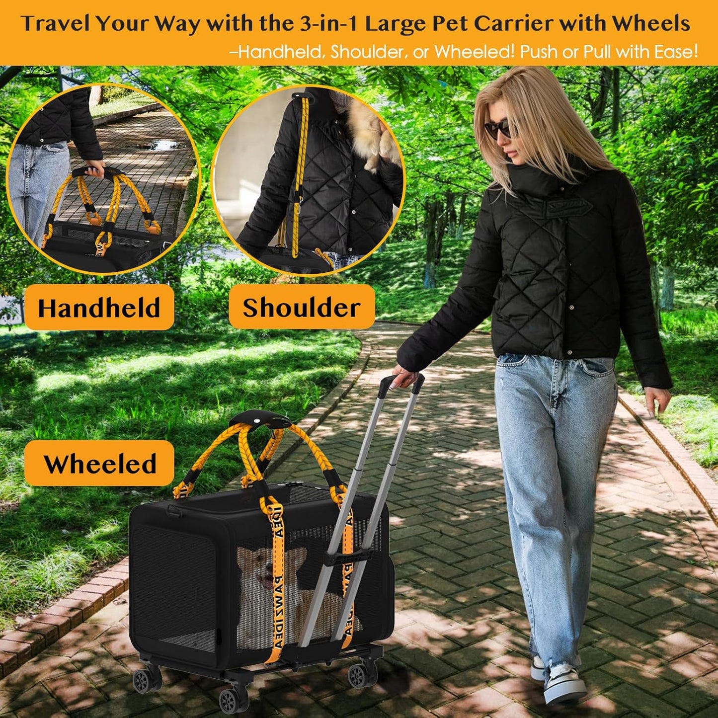 PAWZIDEA Expandable Pet Carrier with Wheels, 24"x16"x16" Large Cat Carrier for 2 Cats, Soft-Sided Dog Travel Crate for Small Medium Dog, Collapsible Rolling Travel Bag w/Telescopic Handle, Chew-Proof