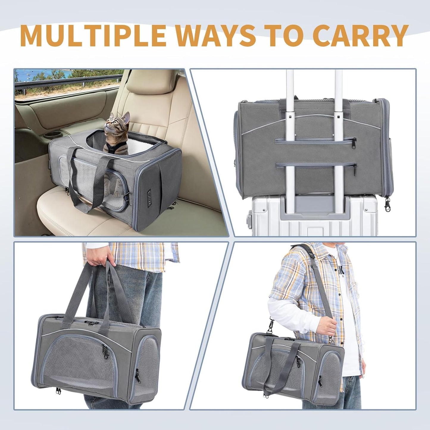 ‌Petsfit Airline Approved Pet Carrier for Small Cats, 16.5x8.6x11 TSA Approved Carrier, with Removable Dual-Sided Padding (2-Way Placement) - Fits Under Most Airplane Seats, Escape Proof (Gray)