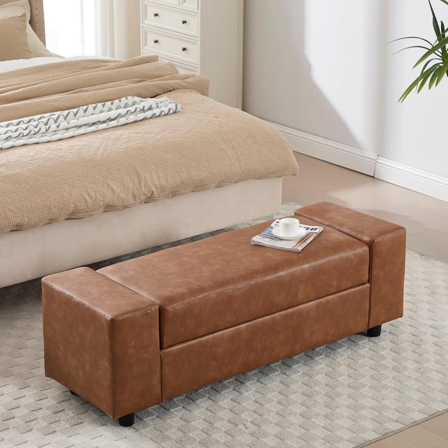 Storage Ottoman Bench 55 Inch Upholstered Comfy PU Leather End of Bed Bench with Large Storage for Bedroom/Living Room/Entryway/Closet(Brown)