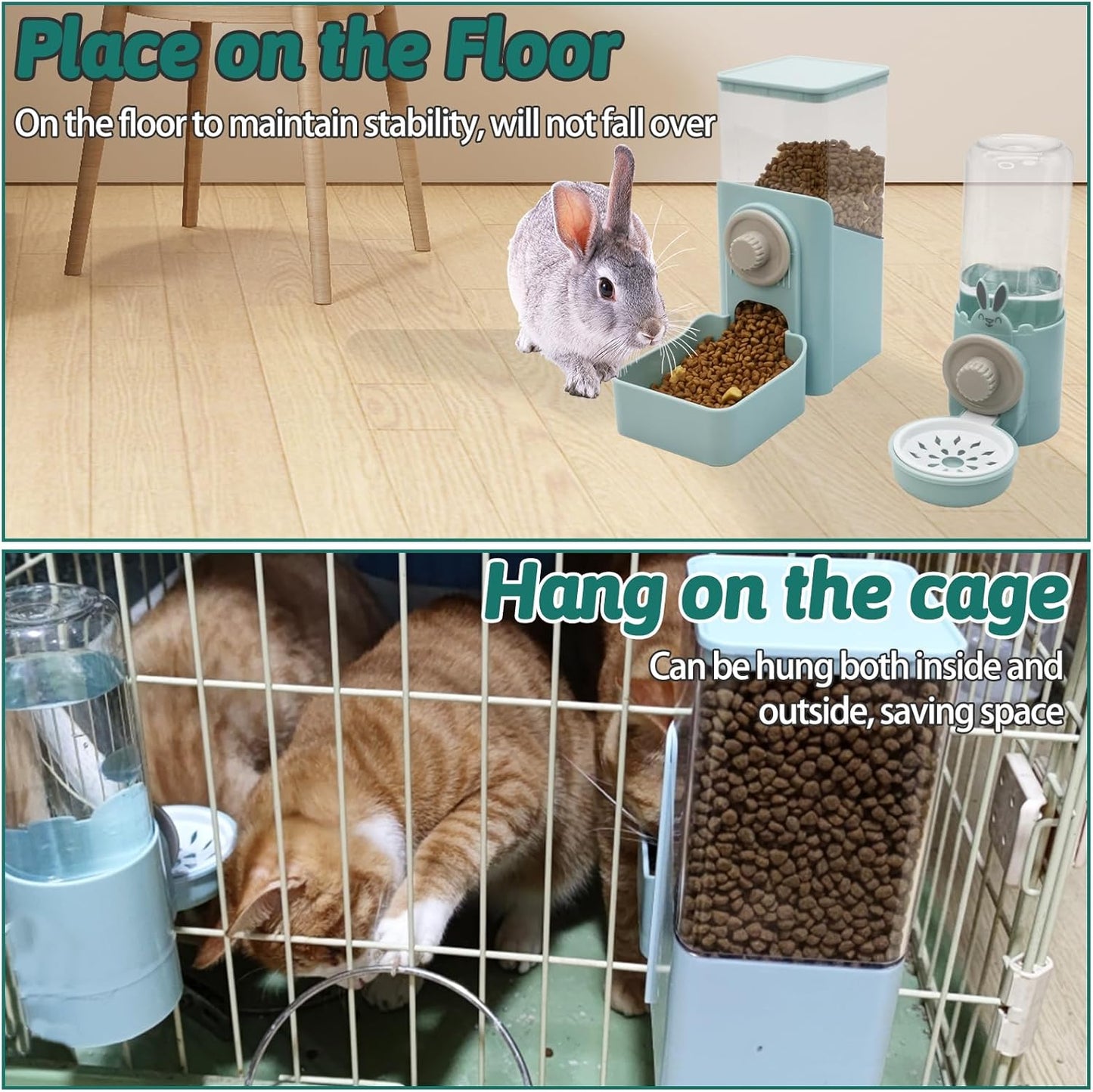 kathson Hanging Automatic Rabbit Pet Food and Water Dispenser, Auto Gravity Bunny Feeders for Cages, Detachable Self-Feeding Feeder and Waterer Set for Ferrets Chinchilla Hedgehog (Light Blue)