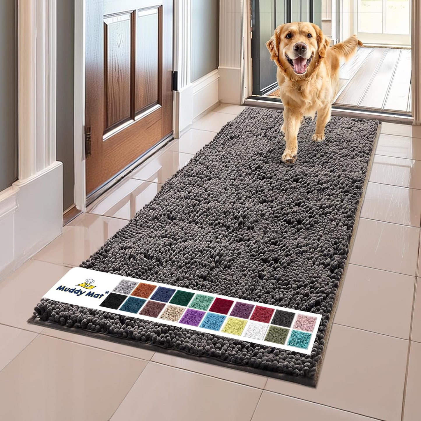 Muddy Mat® Original Dog Door Mat for Muddy Paws, Super Absorbent Microfiber, Non-Slip Washable Pet Rug, Quick Dry Chenille Entryway Carpet, Machine Washable Indoor Outdoor mat, Charcoal 24"x60"