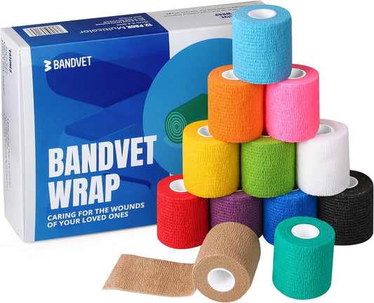 Self Adhesive Bandage Wrap - Pack of 12 Assorted Colors, Non-Woven, Breathable & Water-Resistant Vet Wrap for First Aid, Sports Injury, Body Sprains, & Pets (2 Inch Multicolor - 12 Pack)