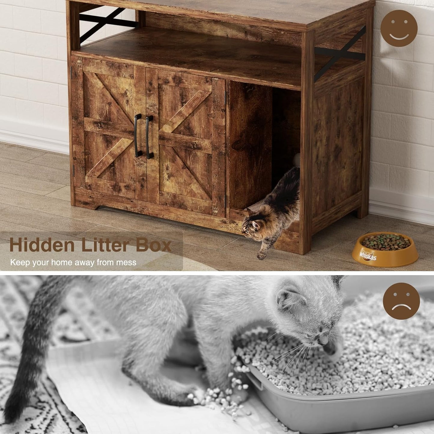 Cat Litter Box Enclosure, Hidden Litter Box Furniture with Scratch Pad, Farmhouse Indoor Cat House Washroom End Table, Rustic Brown