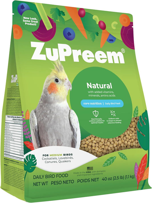 ZuPreem Natural Bird Pellets, Daily Bird Food for Cockatiel, Lovebird, Quaker, Small Conure, Lorikeet, Core Nutrition for Medium Birds, Added Vitamins, Cockatiel Pellets (M, 2.5 lbs)