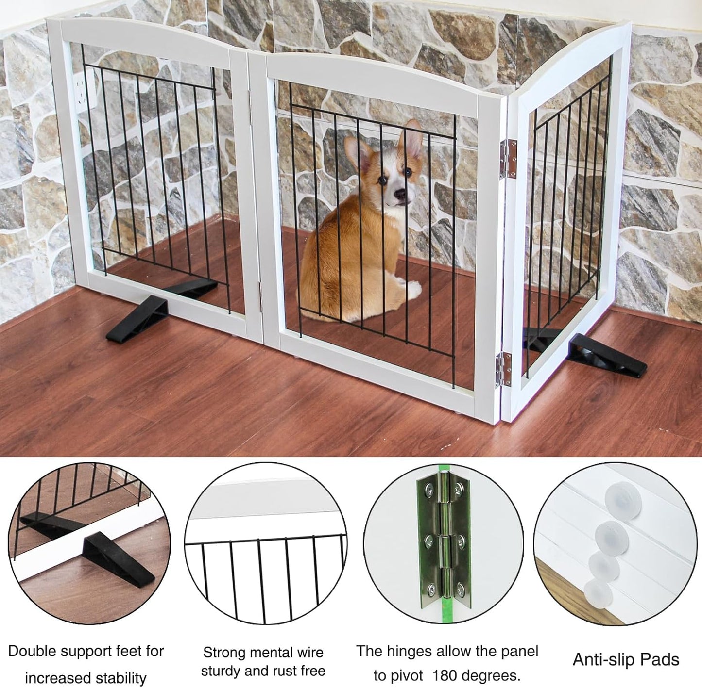 ZJSF Freestanding Dog Fence Indoor, Foldable Dog Gate for Doorways, Stairs or Hallways, Sturdy Wood Extra Wide Pet Gate with Support Feet for The House, White, 32 "Height-3 Panels