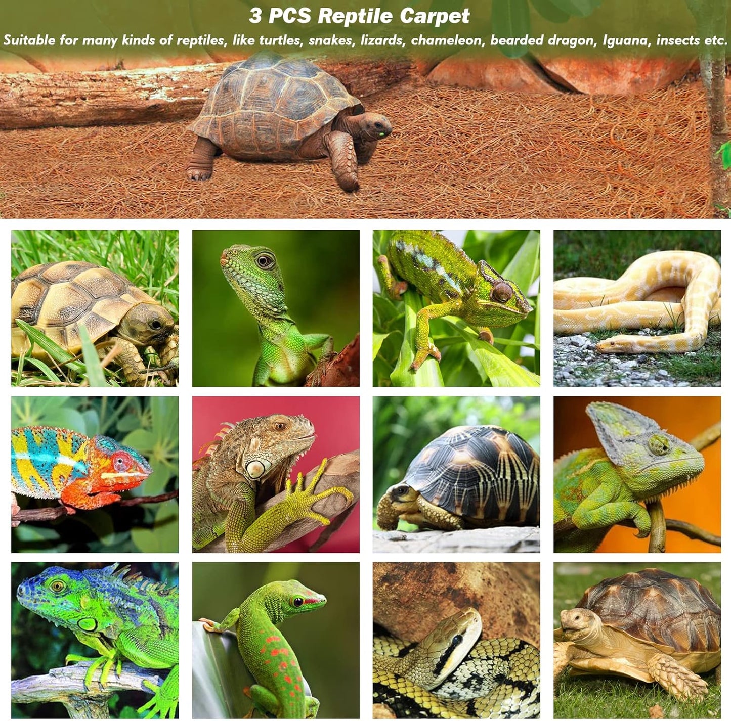 ZeeDix 3 Pieces Coconut Fiber Reptile Substrate Mat, 12 x 20 inches Natural Coco Mat Reptile Carpet Coco Fiber Liner Turtle Bedding Reptile Terrarium Liner for Lizard Snake Turtle Gecko Bearded Dragon