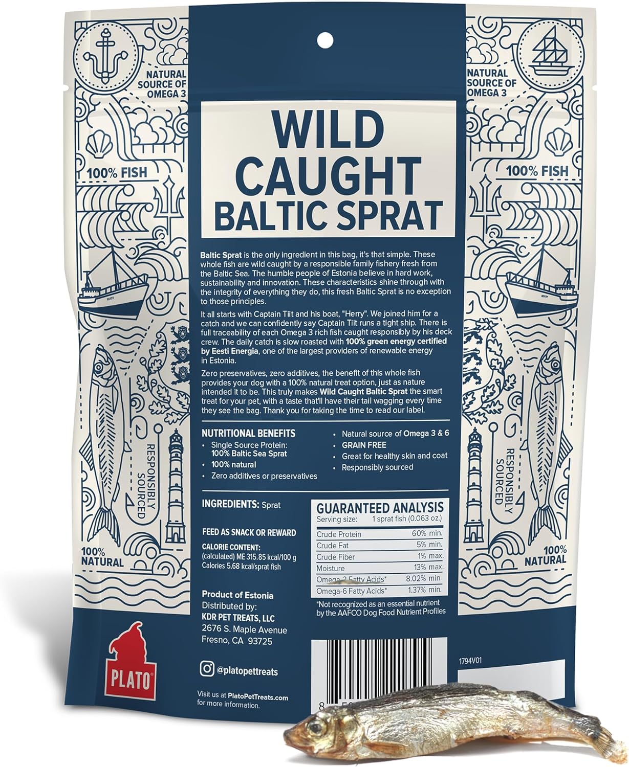 PLATO Pet Treats Fish Dog Treats - Air-Dried, Single Ingredient Dog Treat - with Omega 3 & 6 Fatty Acids to Support Skin and Coat - 100% Whole Fish - Wild Caught Baltic Sprat Dog Treats - 7.5 oz