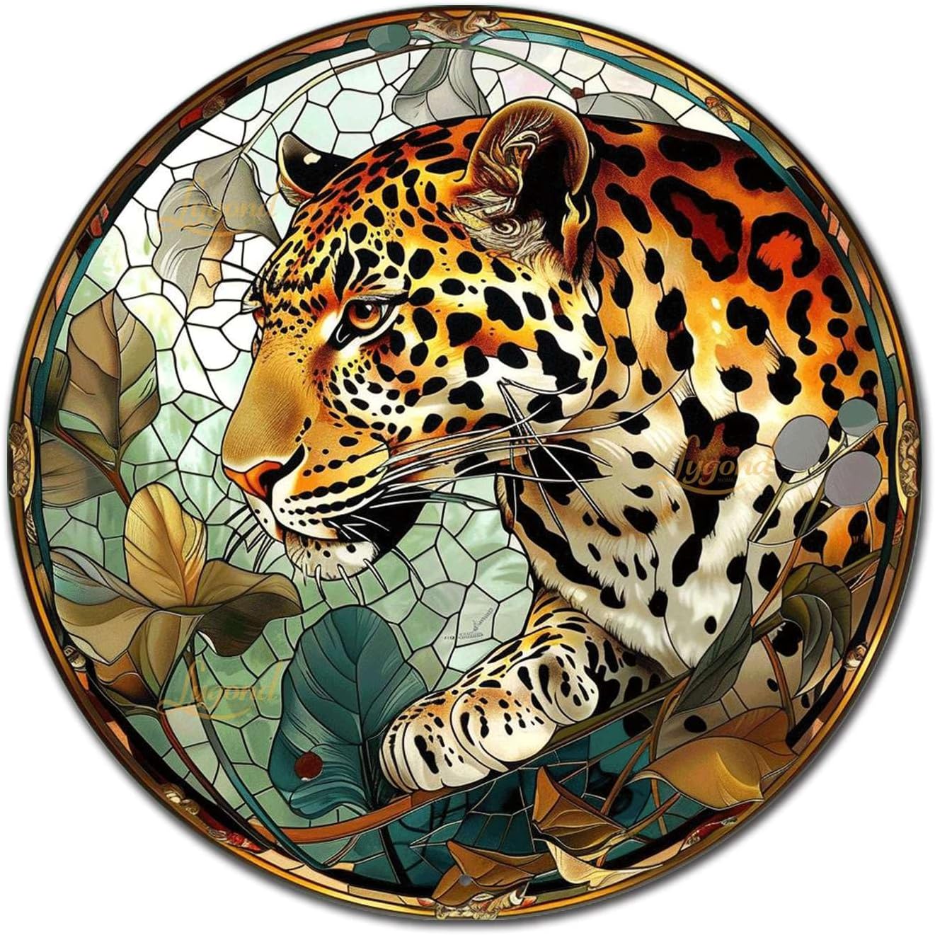 Lygond Metal Sign Tin Sign Circular Stained Glass Leopard Vintage Metal Sign for Gift 12×12 Inches