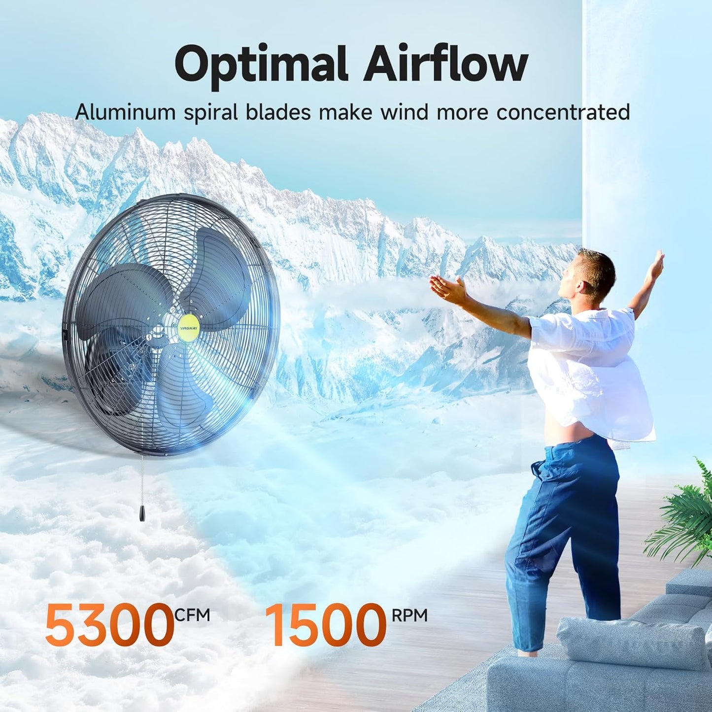 VAGKRI Wall Mount Fan, 20 Inch High Velocity Metal Oscillating Fan, 3 Speeds, 5300CFM Industrial Wall Fan for Home Office Patio Garage Factory Greenhouse Warehouse Farm