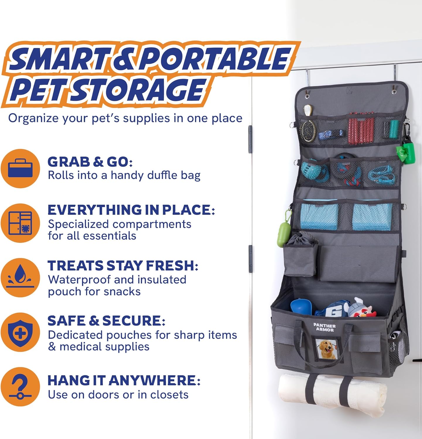 Panther Armor Dog Travel Bag- Hanging Dog Organizer & Pet Storage Tote Bag for Supplies,mWaterproof Door Storage & Closet Organizer, Food & Treat Container for Travel Accessories