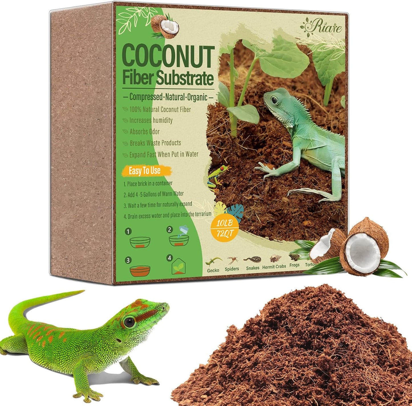Riare 10LBS Natural Coconut Fiber Substrate for Reptile- Premium Compressed Coconut Husk Terrarium Bedding for Reptile, Tortoise, Frogs, Snakes, Hermit Crabs, Burrowing Animals