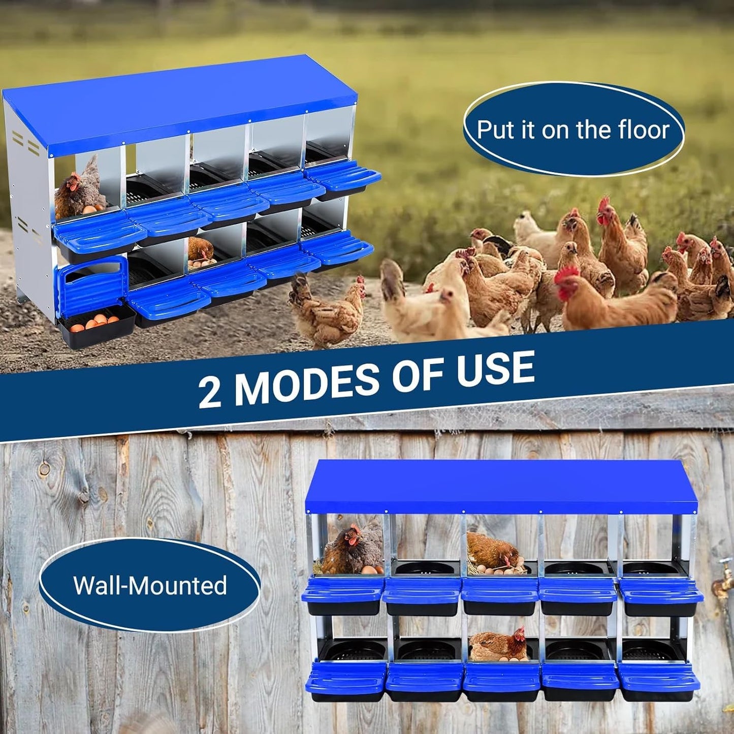 Chicken Nesting Boxes, 10 Hole Metal Chicken Laying Box with with Removable Trays and Roll Out Egg Collection for Chicken Coop, Blue