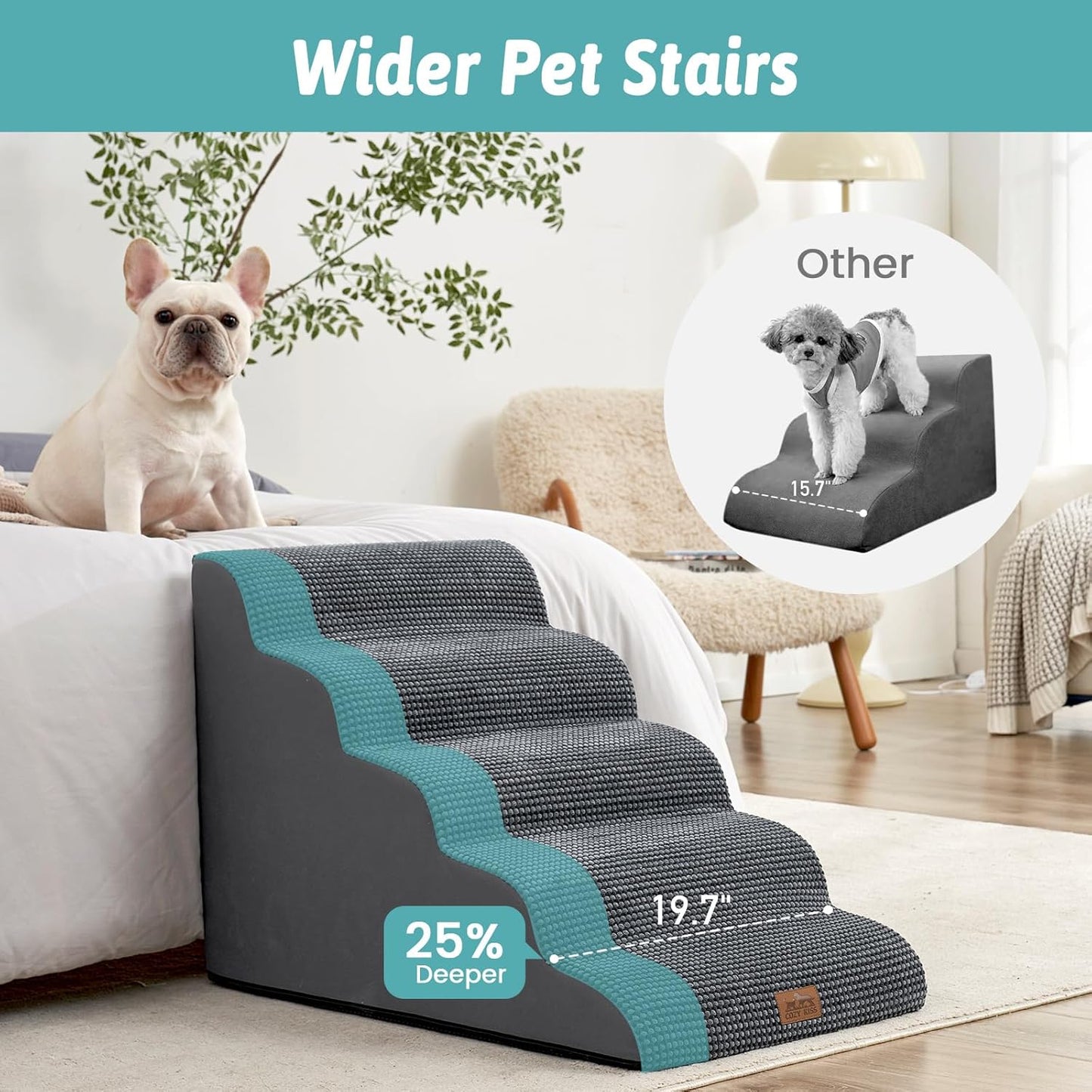 Extra Wide Dog Stairs 19.7" Width, Large Pet Step for Small Medium Dog, Puppy or Cat, Ramp for High Bed or Car, High Density Foam Ladder, Stable, 5 Step, 19.7x33x22.4 in, Dark Grey