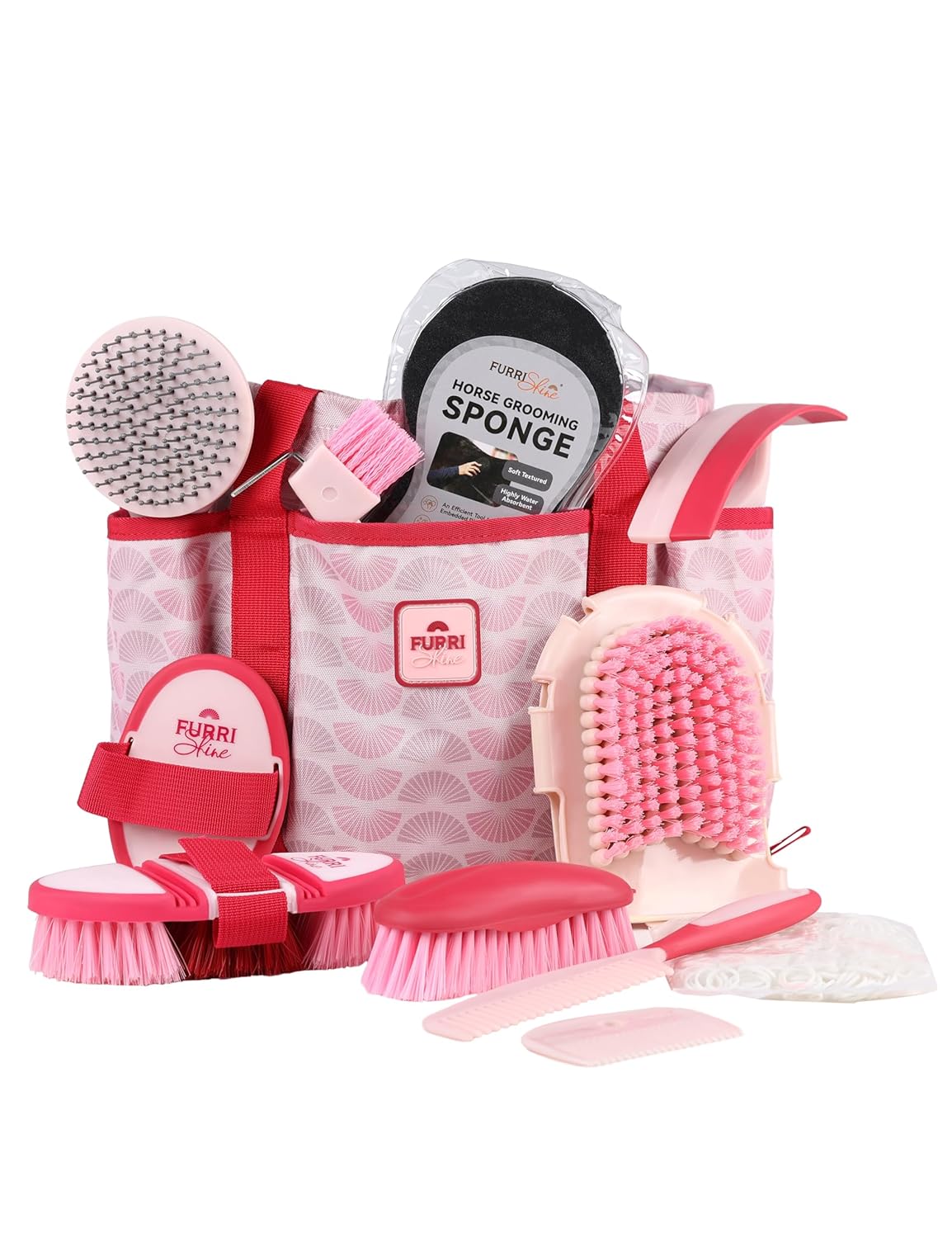 11PCS Horse Grooming Kit Curry Comb Sweat Scraper Horse Bathing Supplies Grooming Tools with Storage Bag Pink Garnet