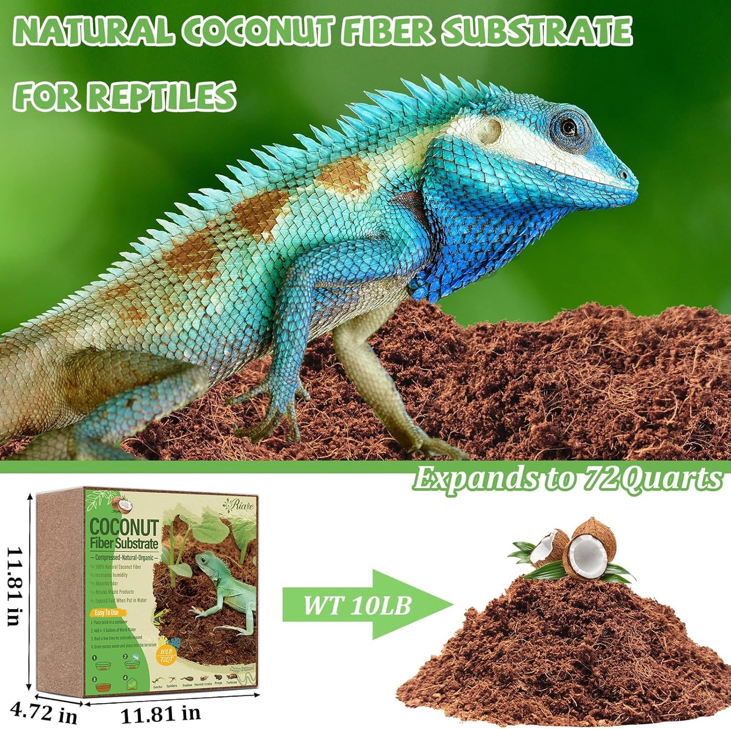 Riare 10LBS Natural Coconut Fiber Substrate for Reptile- Premium Compressed Coconut Husk Terrarium Bedding for Reptile, Tortoise, Frogs, Snakes, Hermit Crabs, Burrowing Animals
