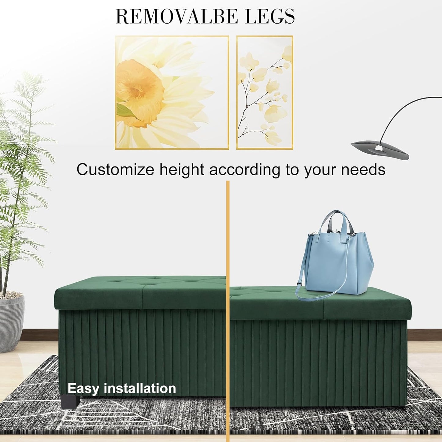 Storage Ottoman Bench, 43 Inch Foldable Ottoman with Legs, Velvet Foot Rest Stool, End of Bed Bench, Storage Chest for Living Room, Bedroom (Green)