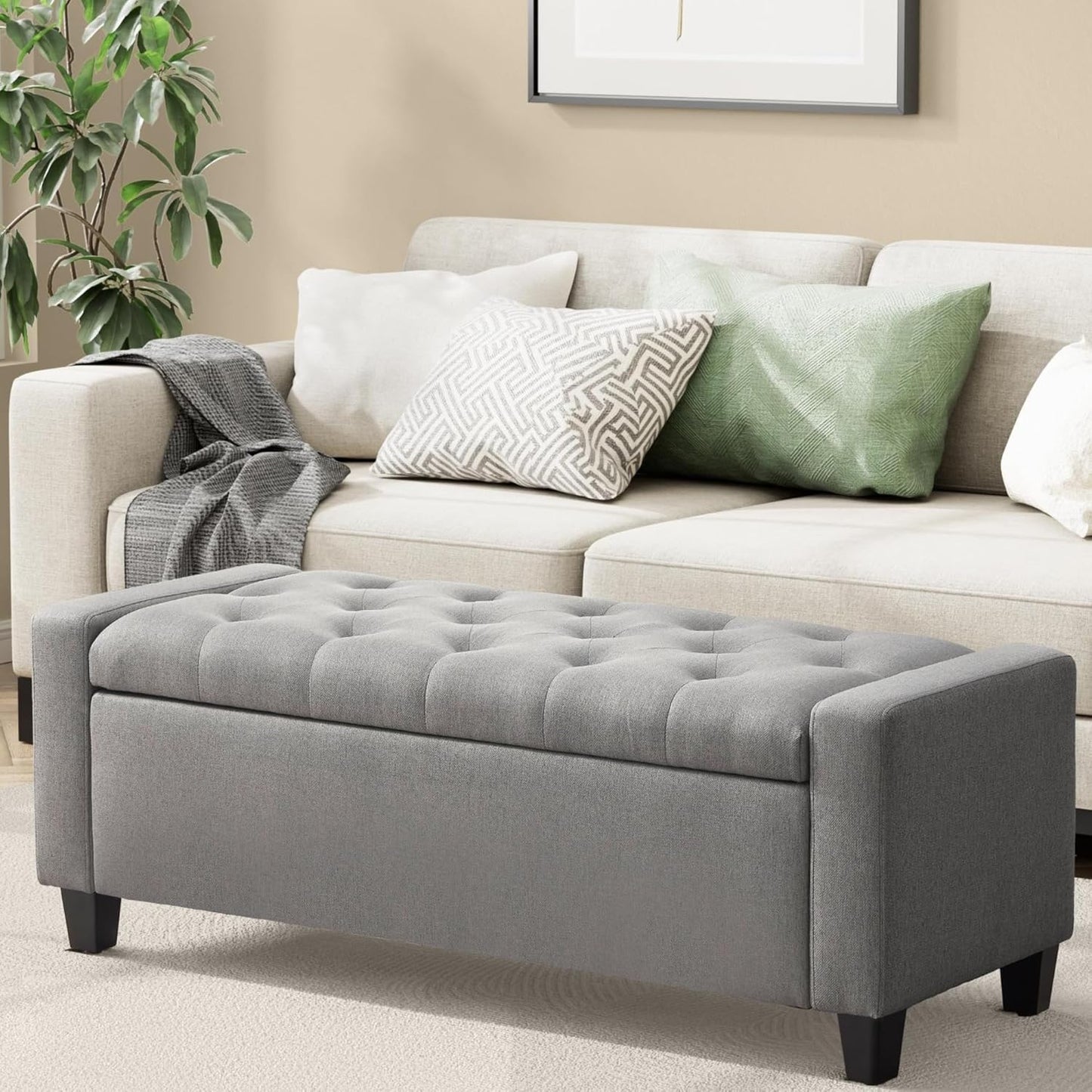 Ottoman with Storage, 48.8" Fabric Storage Ottoman Bench with Hinge, Bedroom Bench, Upholstered Benches with Seating for Living Room, Entryway (Grey)