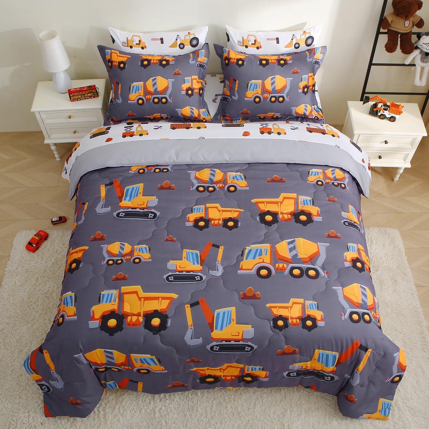 Kids Comforter Set 7 Piece Bedding Cute Car Cartoon Truck Bed Microfiber Comforter Twin Size All Season Excavator Car Truck Printed