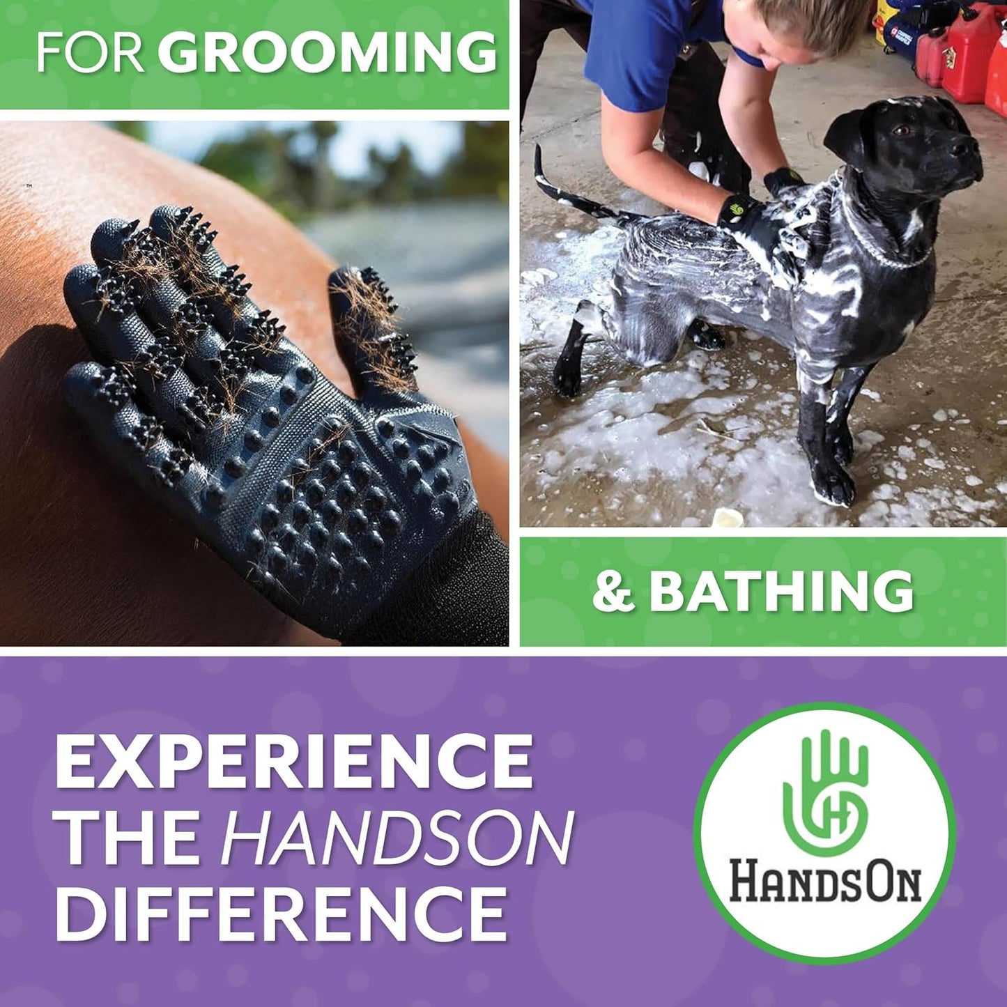 H HANDSON Pet Grooming Gloves - Patented #1 Ranked, Award Winning Shedding, Bathing, & Hair Remover Gloves - Gentle Brush for Cats, Dogs, and Horses (Purple, X-Large)