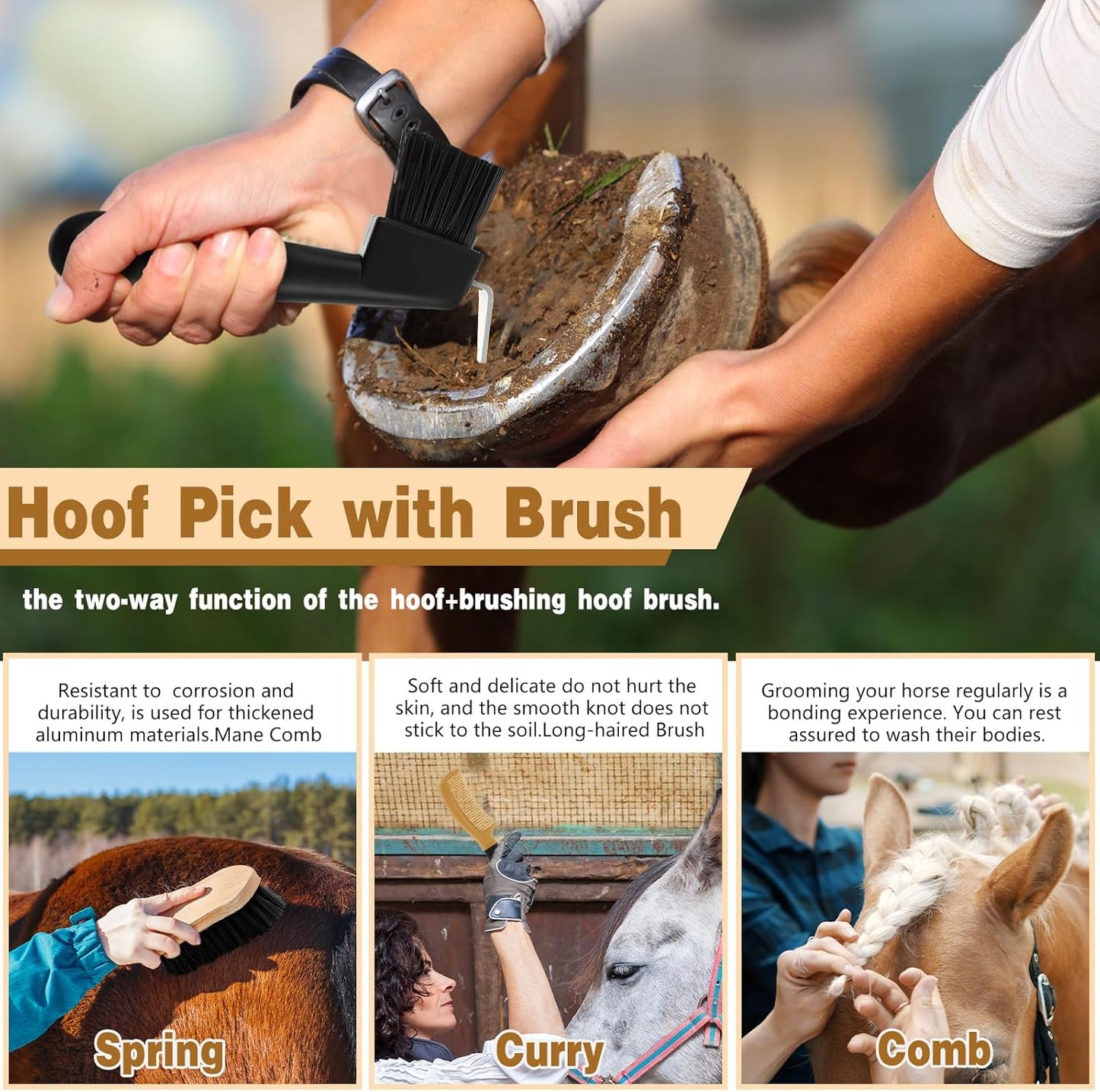 Abbylike 12 Pieces Horse Grooming Kit Racing Festival Tack Room Supplies Horse Brush Sets Equine Care Cleaning Kit Shedding Grooming Massaging Tools(Black)